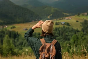 Hiker with a backpack looking over a green mountain valley