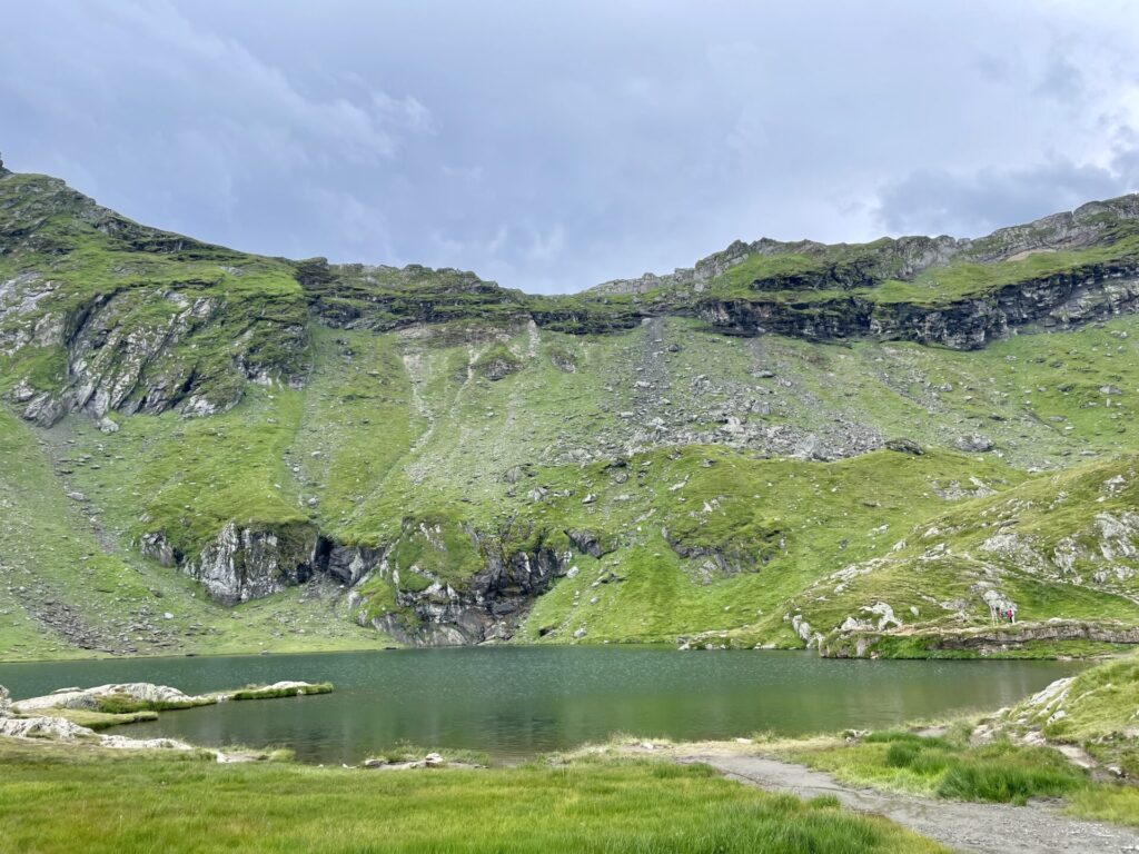 Alpine lake surrounded by green meadows and rocky mountain slopes under a blue sky