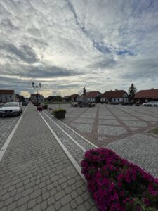 A European town square with brick paving, purple flowering planters in the foreground, a street lamp, parked cars, traditional houses with red-tiled roofs, a central monument, and dramatic cloudy sky overhead
