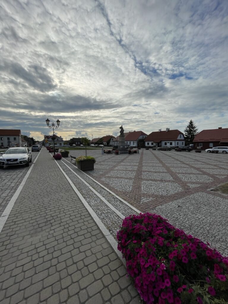 A European town square with brick paving, purple flowering planters in the foreground, a street lamp, parked cars, traditional houses with red-tiled roofs, a central monument, and dramatic cloudy sky overhead