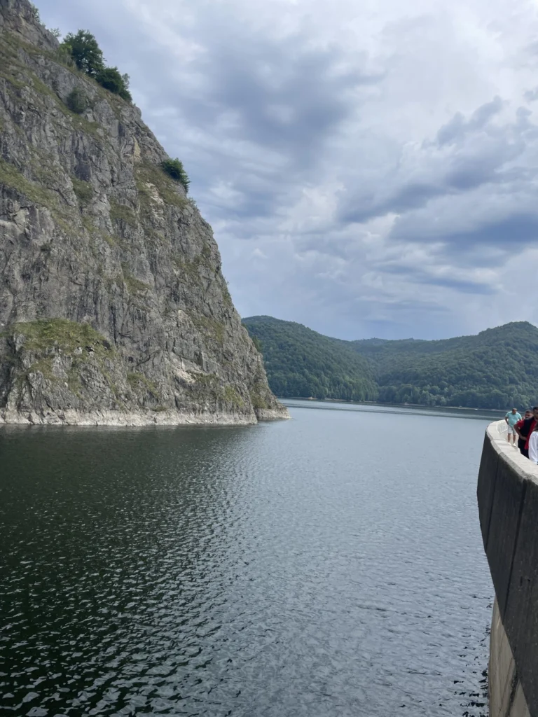 Steep limestone cliff with vegetation rising above calm lake waters, forested hills visible across the water, taken from a boat