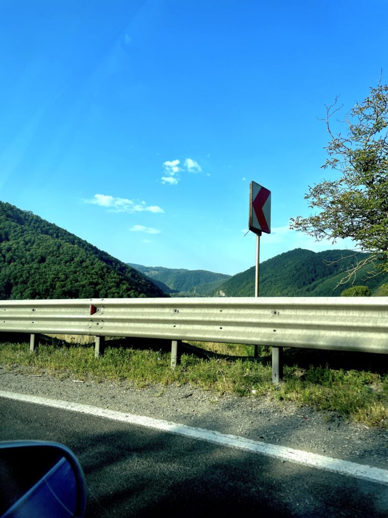 Highway curve warning sign with red chevron arrow pointing left, mounted on a pole above a metal guardrail, with forested mountains visible in the background under clear blue sky