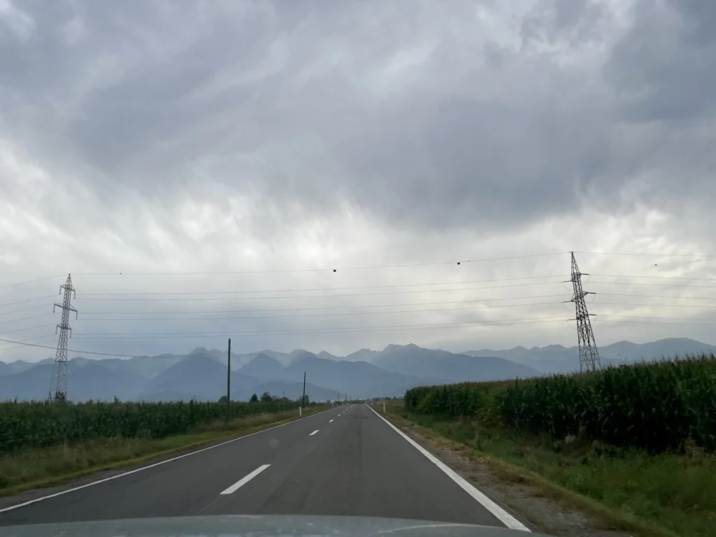 Straight road stretching toward distant mountains under overcast sky, with electrical transmission towers and crop fields on either side
