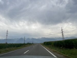 Straight road stretching toward distant mountains under overcast sky, with electrical transmission towers and crop fields on either side