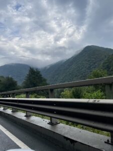 Highway guardrail overlooking a forested mountain valley with low clouds clinging to the peaks