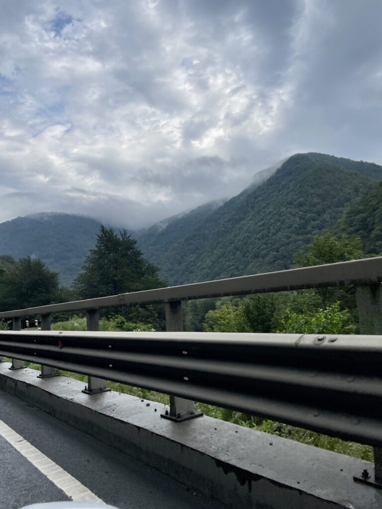 Highway guardrail overlooking a forested mountain valley with low clouds clinging to the peaks