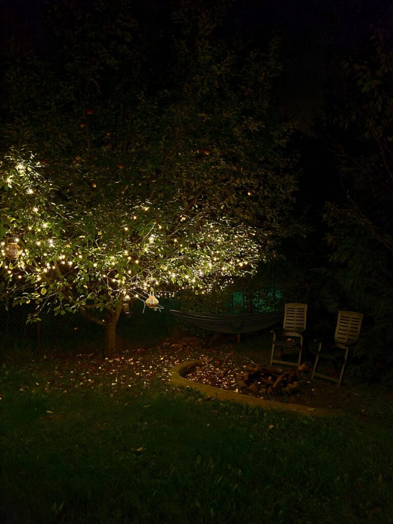 Nighttime garden seating area with illuminated tree, hammock, and lounge chairs beneath the canopy