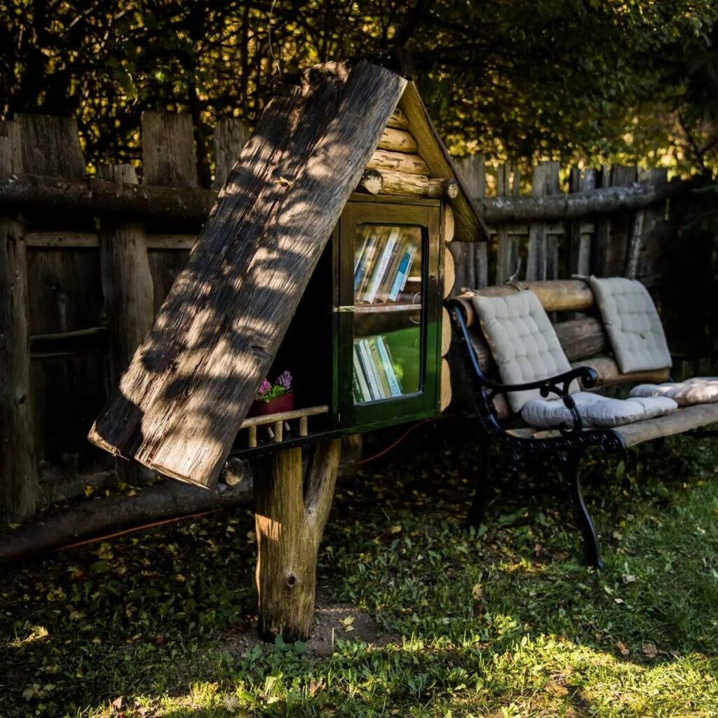 A wooden little free library with a slanted roof stands in a garden, filled with books behind a green door. A metal bench with cushions sits nearby under dappled sunlight filtering through tree branches