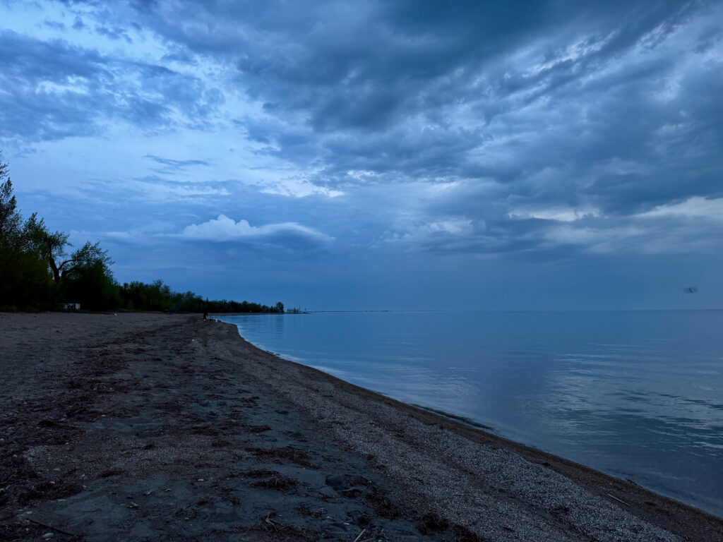 Twilight beach scene with calm water, dramatic blue sky with clouds, sandy shore, and vegetation along the coastline