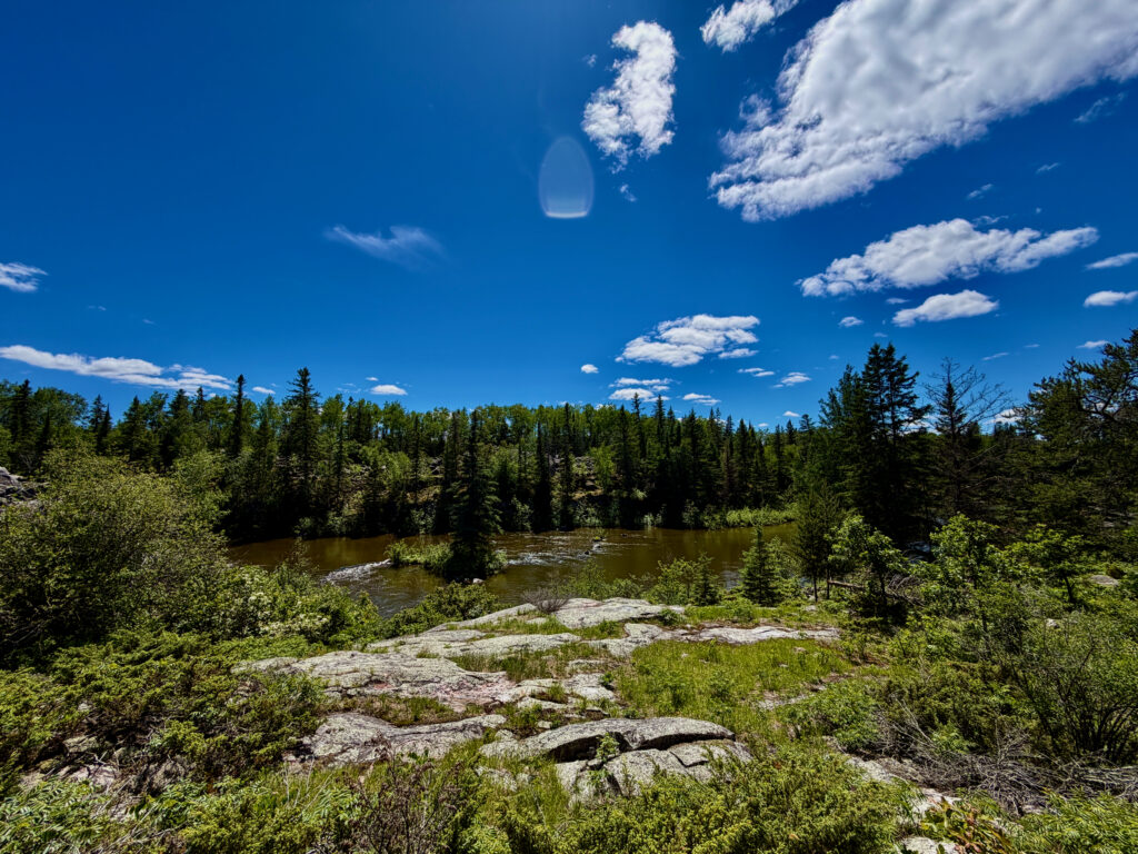 Boreal forest landscape with coniferous trees lining a river, rocky outcrop in foreground, and clear blue sky with white clouds above