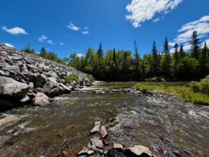 Rocky riverbank with flowing water, coniferous forest, and blue sky with white clouds on a clear summer day in a boreal landscape