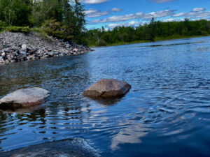 Boulders in shallow water along a rocky shoreline, with coniferous and birch forest under blue sky with white clouds