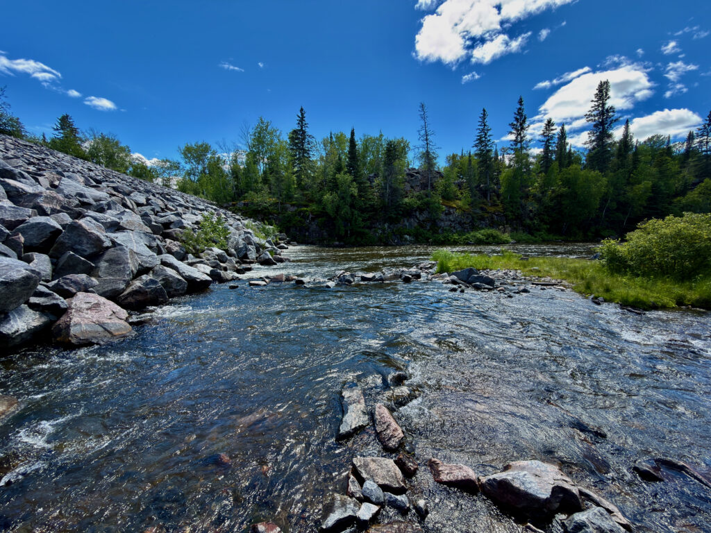 Rocky river bend with coniferous forest, clear blue sky, and granite outcrops along the shoreline under bright sunlight