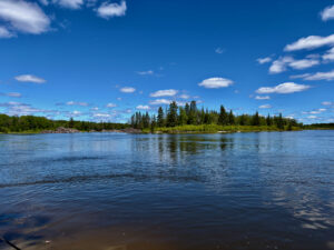 Calm river with coniferous forest shoreline under blue sky with white clouds