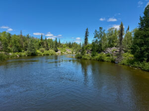 River flowing through a boreal forest landscape with coniferous and deciduous trees lining both banks, rocky outcrops visible along the shoreline, and clear blue sky with scattered clouds