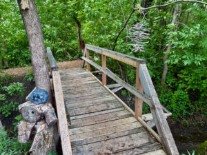 Wooden boardwalk with railings extending through dense green forest, with a carved wooden figure wearing a blue mask at the entrance