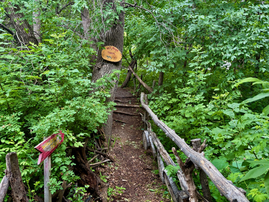 Forest trail with wooden rail fence and trail marker sign on tree trunk reading "Red River Trail
