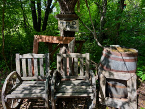 Weathered wooden chairs and a barrel arranged in a forest clearing beneath a tree with a "Photo Studio" sign attached