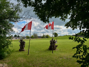 Two Canadian flags mounted on tree stumps in a green field, framed by tree branches, with rural buildings and forested hills in the background