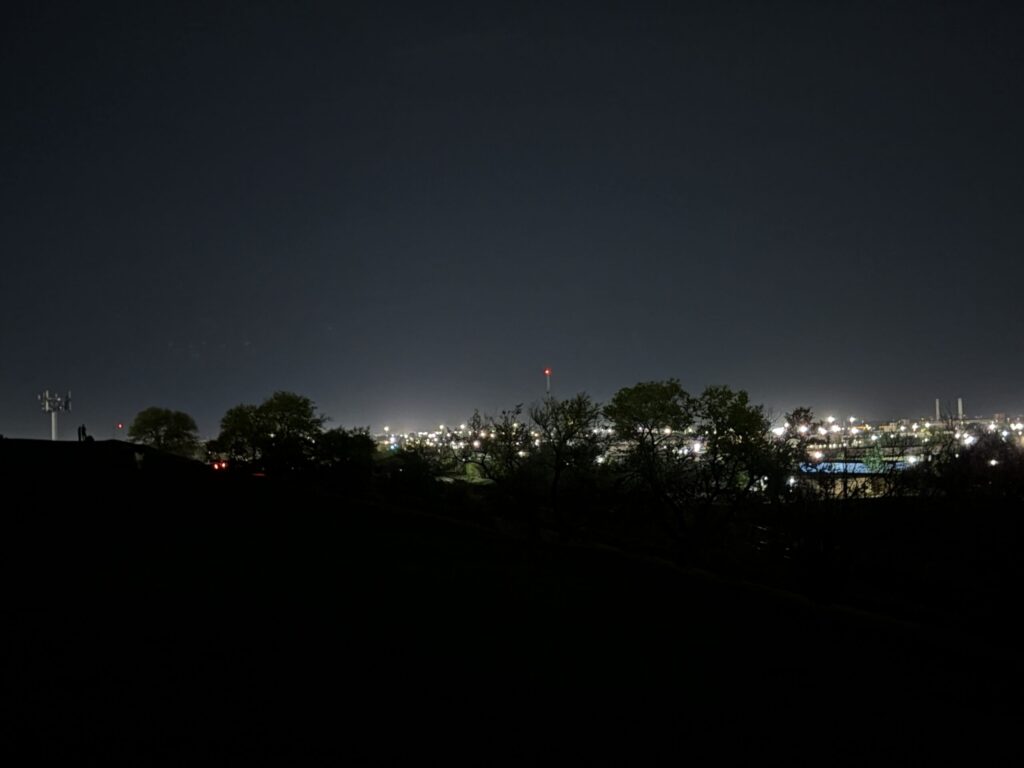 Westview Off-Leash Dog Park: Winnipeg's "Garbage Hill" and the First Park We Ever Walked in Canada 2 Silhouetted trees and a distant city skyline illuminated by lights at night
