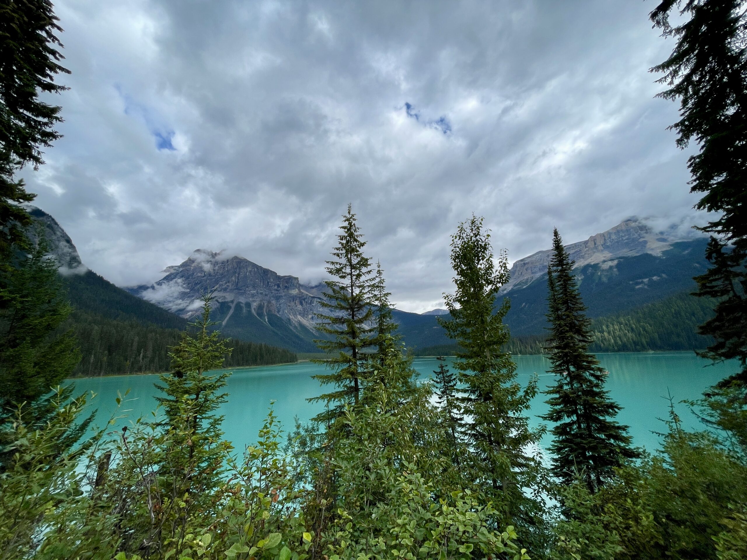 Turquoise alpine lake surrounded by coniferous forest and snow-capped mountains under cloudy sky