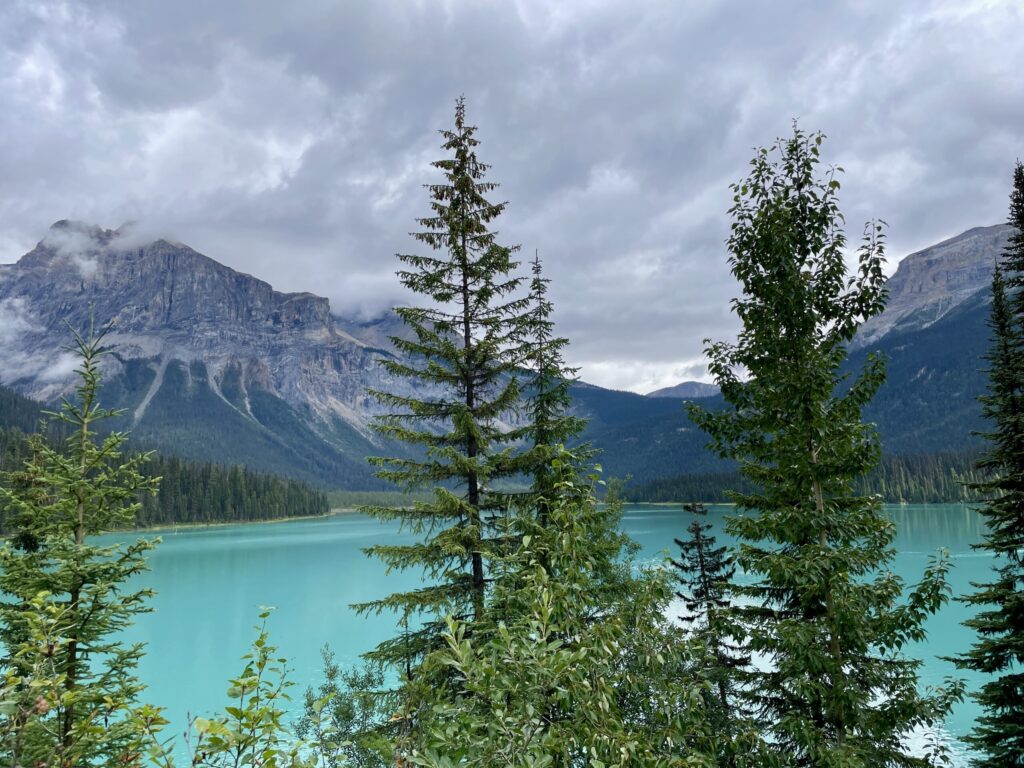 Turquoise alpine lake surrounded by coniferous forest and snow-capped mountains under cloudy sky