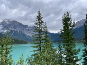 Turquoise alpine lake surrounded by coniferous forest and snow-capped mountains under cloudy sky