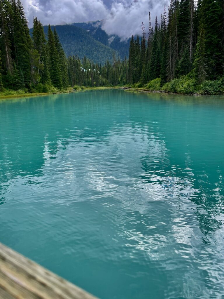 Turquoise alpine lake surrounded by dense coniferous forest and mountains under cloudy sky