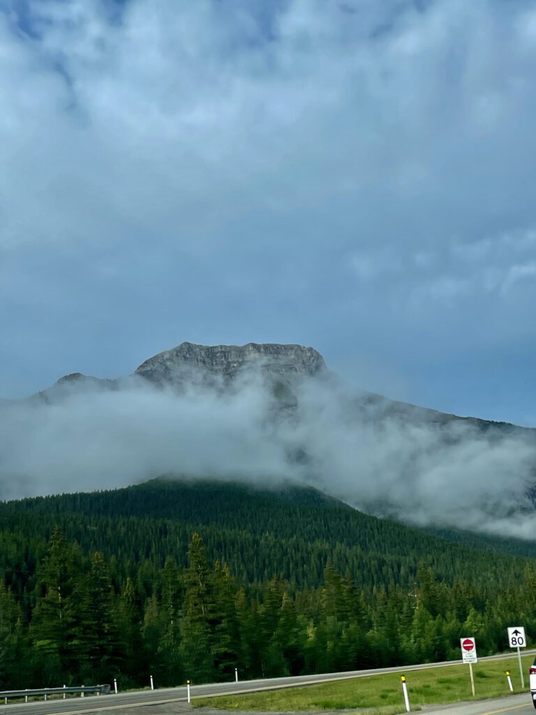 Mountain peak partially shrouded in mist and clouds, with dense coniferous forest at its base and a highway with speed limit signs in the foreground