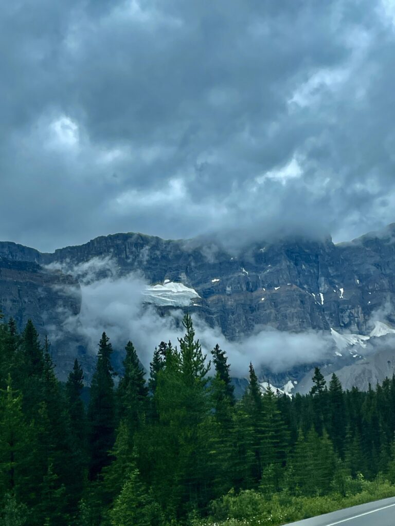 Mountain range with dramatic clouds and mist, coniferous forest in foreground, patches of snow visible on peaks