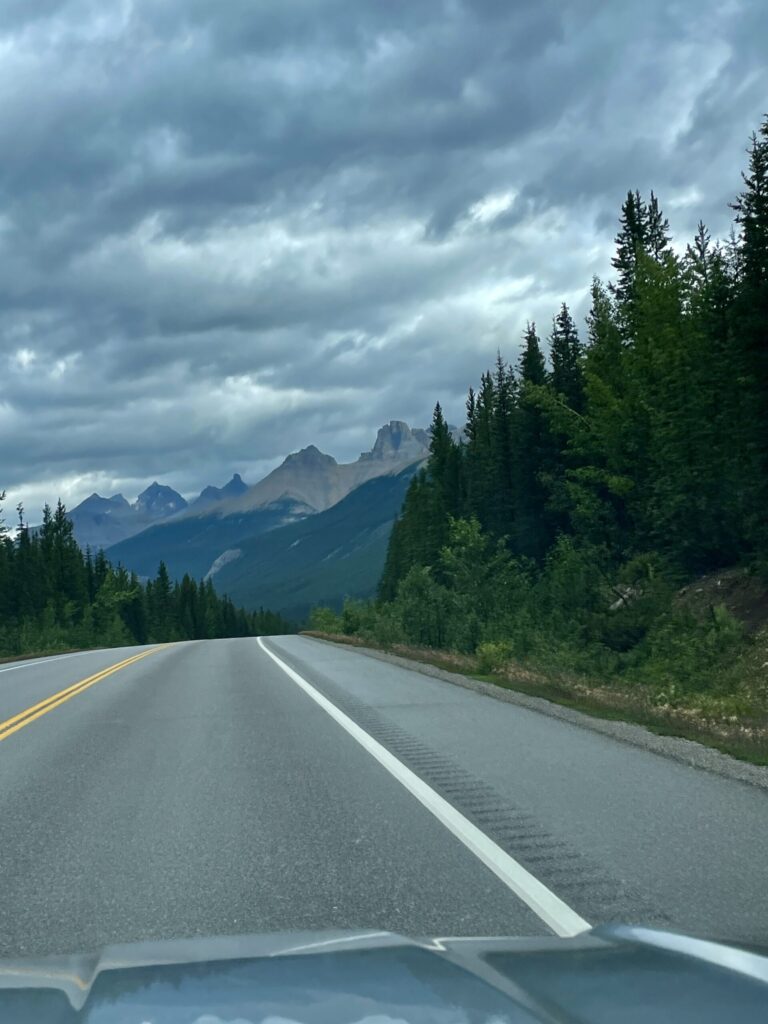 Straight highway with yellow centre line stretching toward distant snow-capped mountains, flanked by coniferous forest under stormy sky