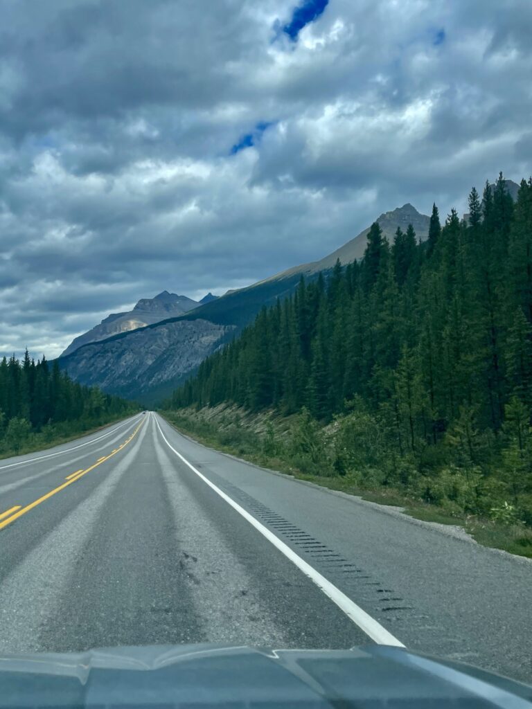 Straight highway stretching toward snow-capped mountains, lined with coniferous forest under a cloudy sky