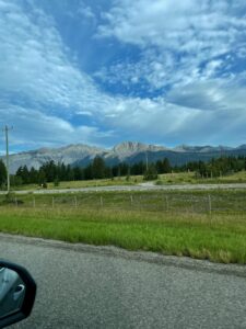 Rural valley landscape with fenced pasture, coniferous forest, and dramatic mountain peaks beneath a blue sky with white clouds