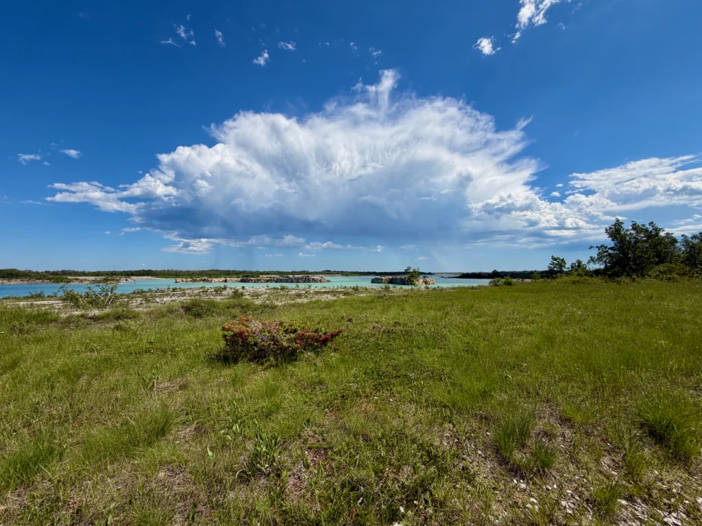 Grassy meadow with turquoise water and islands visible across a bay under a bright blue sky with white clouds