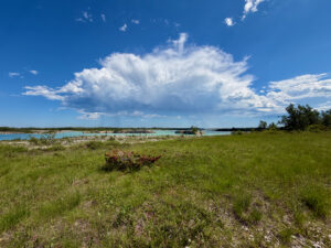 Grassy meadow with turquoise water and islands visible across a bay under a bright blue sky with white clouds
