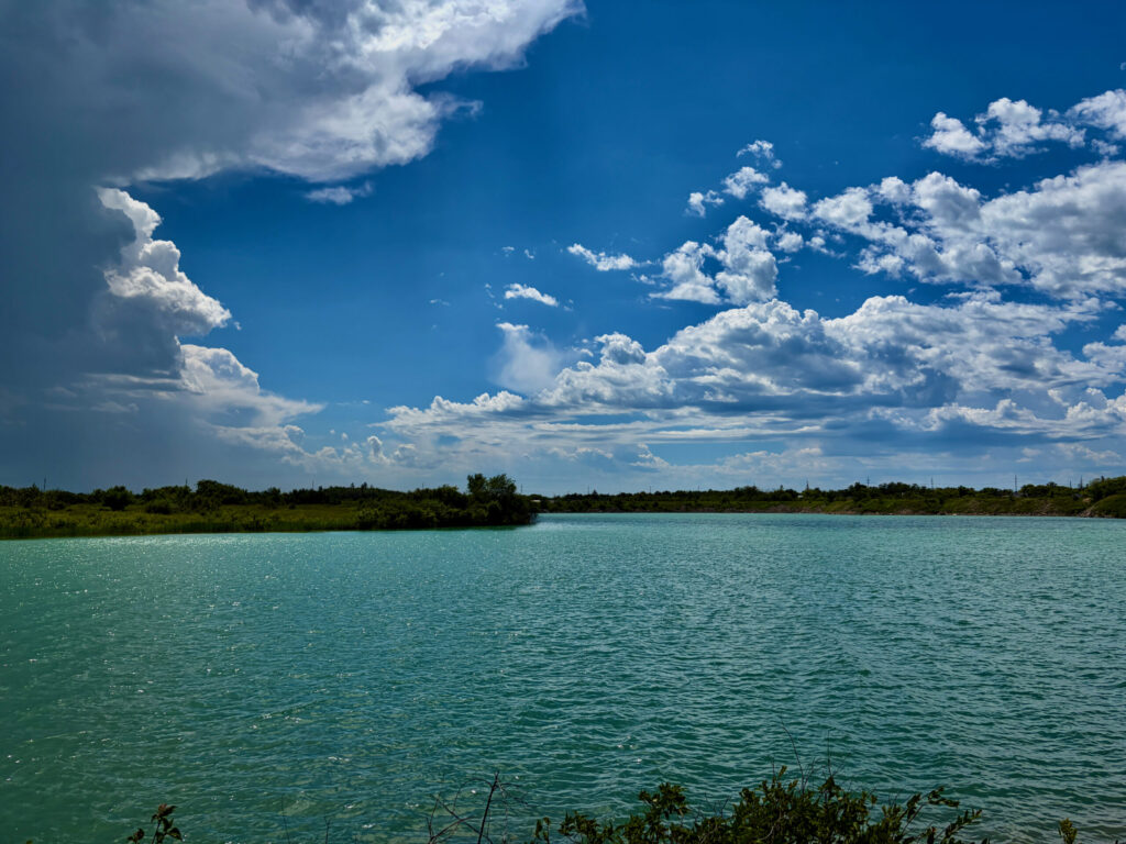 Turquoise lagoon with mangrove shoreline under a bright blue sky dotted with white clouds