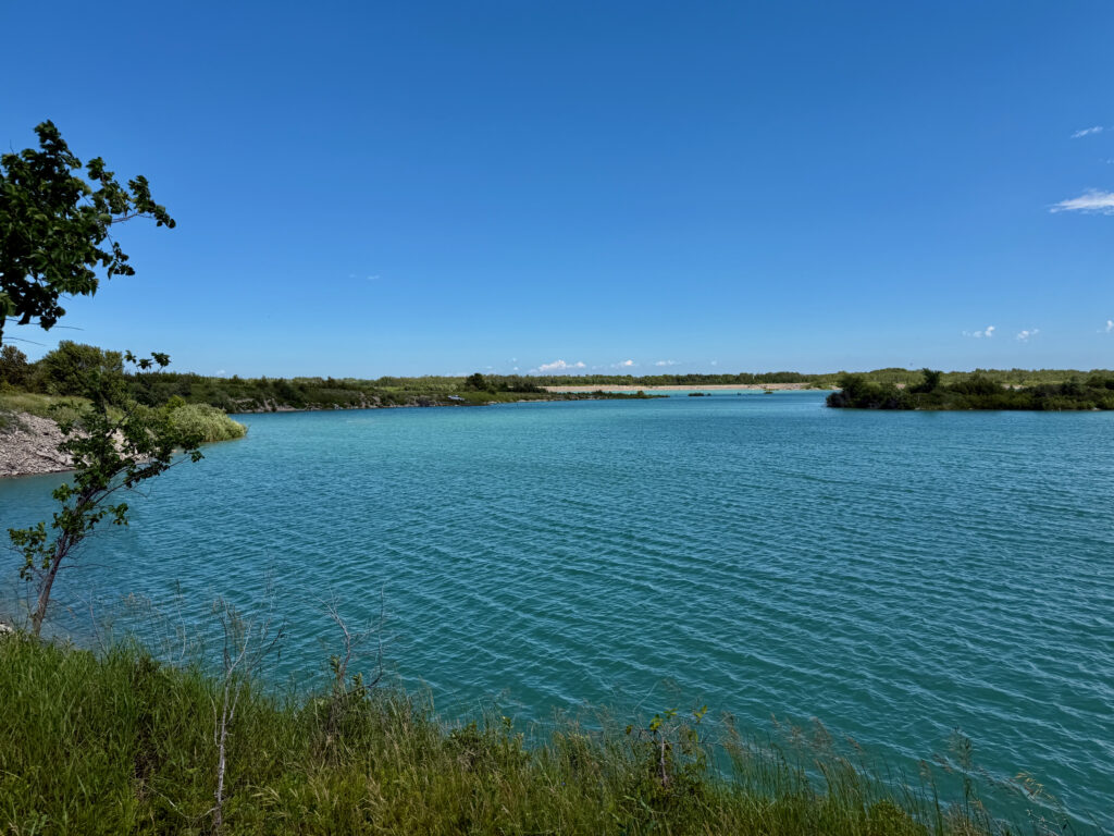 Turquoise lagoon surrounded by mangrove forests and vegetation under clear blue sky