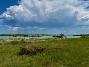 Turquoise lagoon with limestone outcrops surrounded by green marshland under a blue sky with white clouds