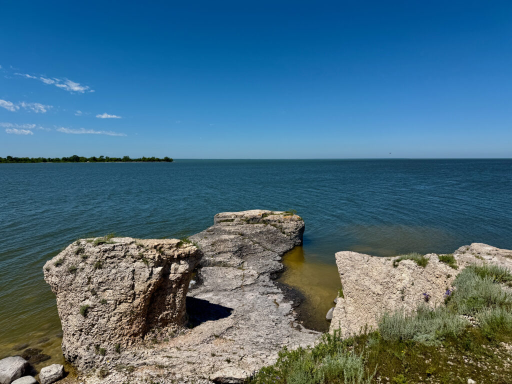 Rocky limestone formations jutting from turquoise water under clear blue sky, with forested shoreline in the distance
