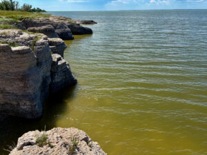 Rocky shoreline with layered limestone cliffs overlooking calm greenish-brown water under blue sky with white clouds