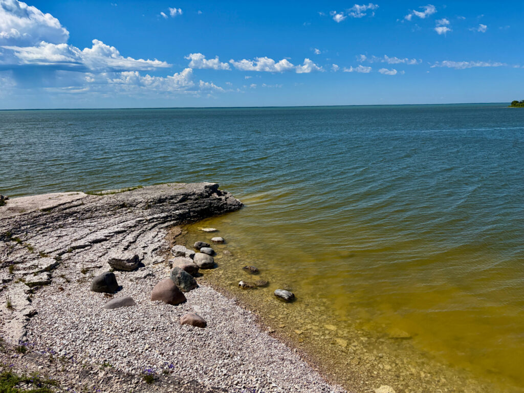 Rocky shoreline with shallow greenish-yellow water extending to a calm horizon under blue sky with white clouds
