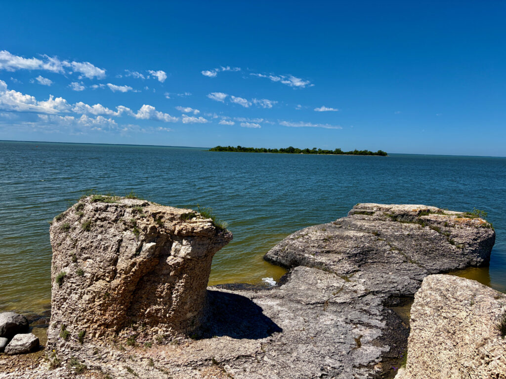 Rocky shoreline with limestone formations in shallow turquoise water, distant forested island, and clear blue sky with white clouds