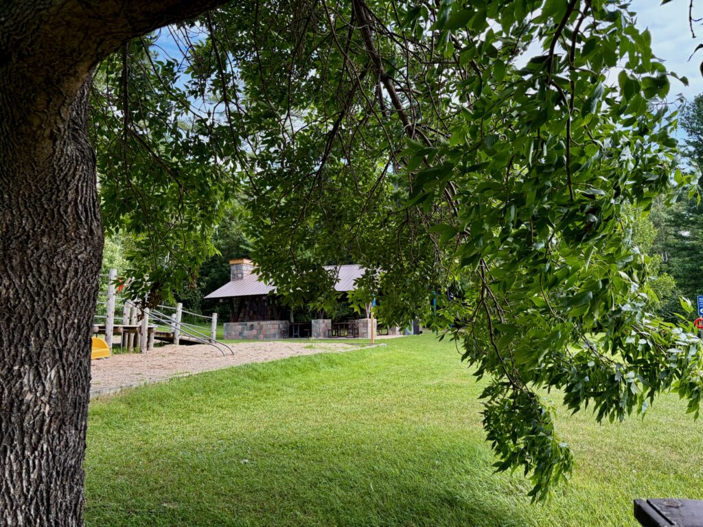 A rural property framed by large tree branches, with a stone building with a metal roof visible across a grassy lawn and wooden fence