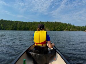 Person wearing a yellow life jacket paddling a canoe on a lake surrounded by coniferous forest under a blue sky