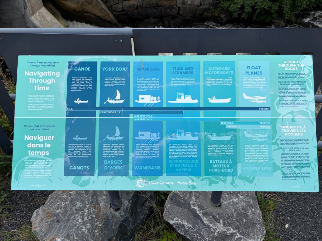 Bilingual interpretive sign at Nestor Falls showing the history of water transportation methods (canoe, York boat, wanigan, tugs and steamers, outboard motor boats, float planes) used to navigate the river from the 1800s to present day, with French and English text and illustrated icons for each vessel type