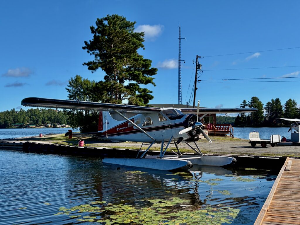 Floatplane docked at a lakeside airbase with a blue and burgundy aircraft in the foreground, larger seaplane behind it, tall communication tower, evergreen trees, and wooden dock in the foreground