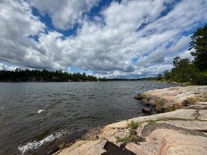 Rocky shoreline with calm lake water, coniferous forest along the distant shore, and dramatic cumulus clouds filling a blue sky