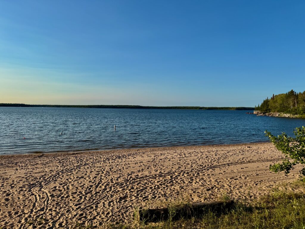 Sandy beach on a calm lake with coniferous forest lining the far shore under clear blue sky