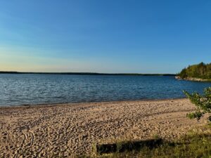Sandy beach on a calm lake with coniferous forest lining the far shore under clear blue sky