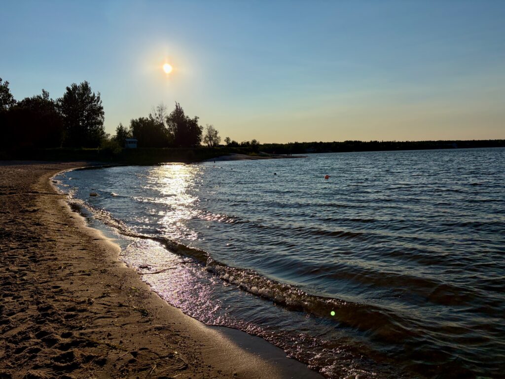 Sunny beach with sandy shore, calm water, and trees lining the horizon; a few swimmers visible in the distance